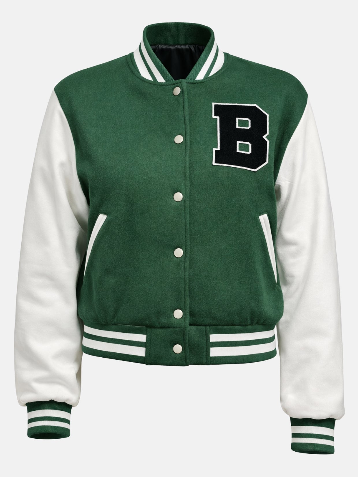 Flat lay of green and white wool jacket with chenille B patch