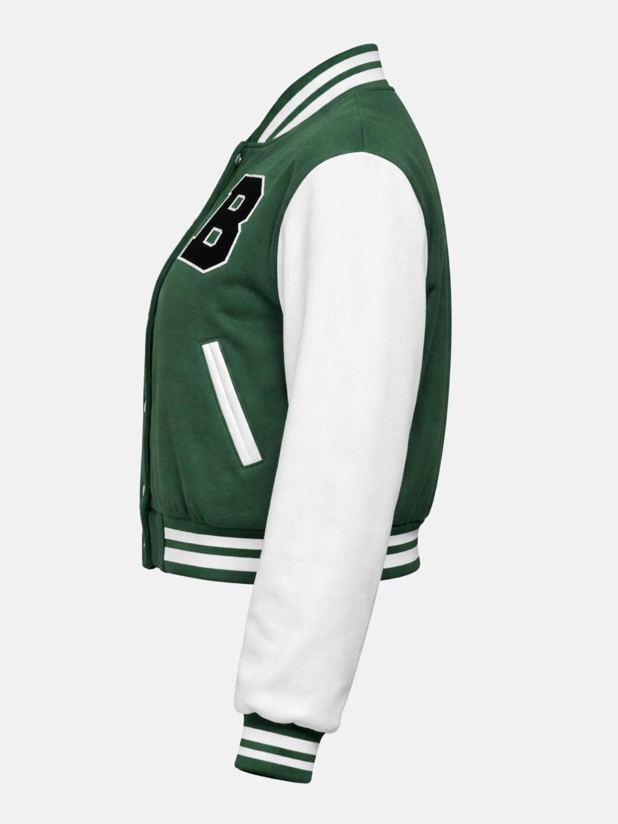 Flat lay side view of green and white wool jacket showing pocket trim