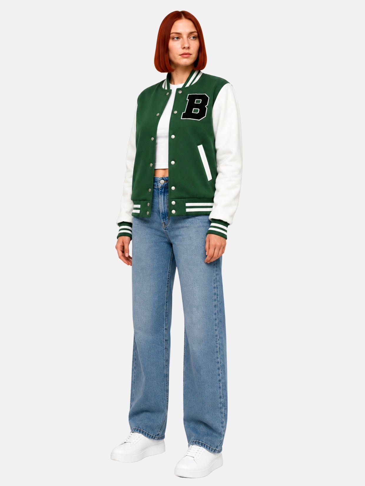 Full-length view of green and white letterman jacket over blue jeans
