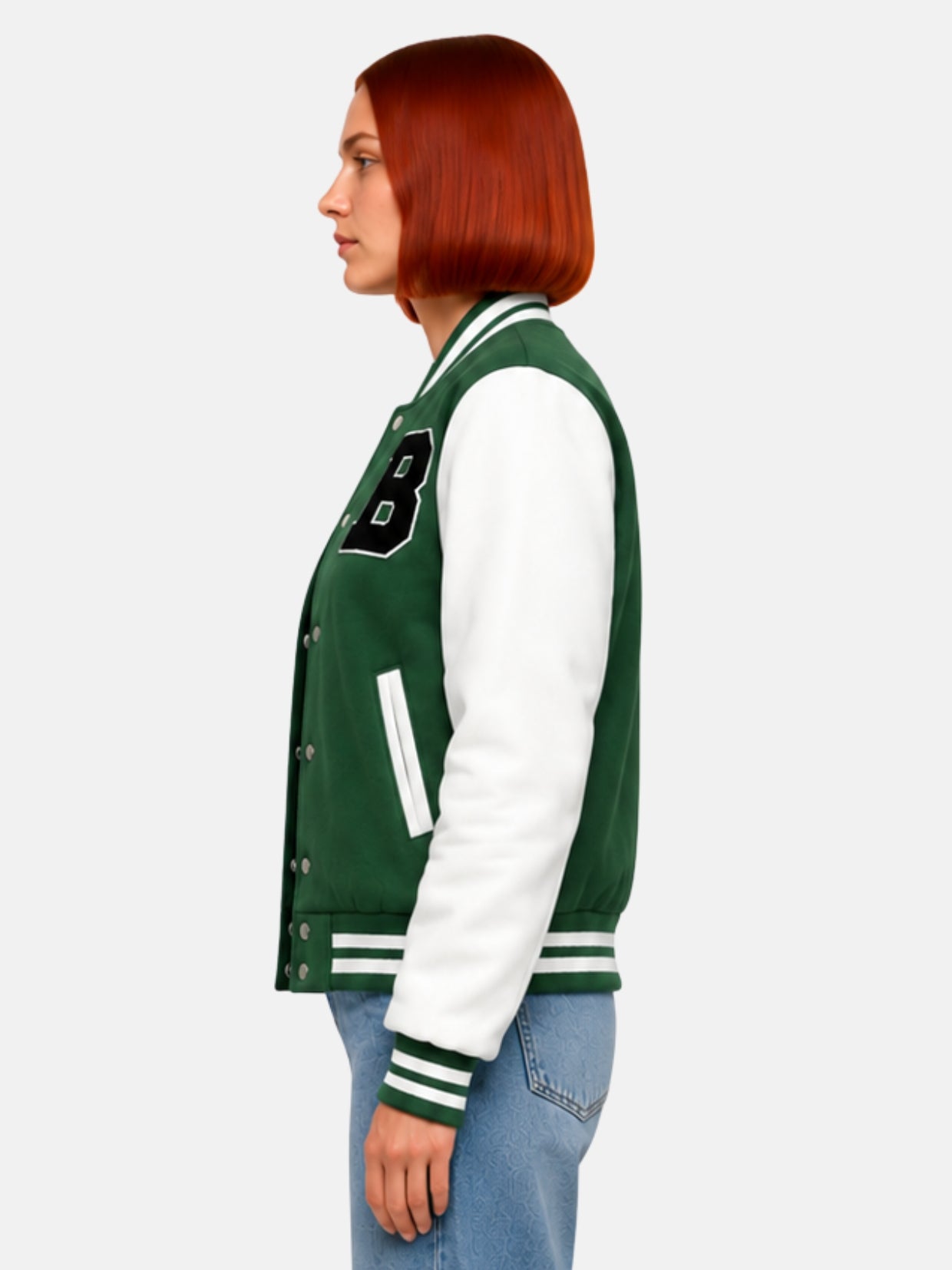 Side profile of green and white wool jacket showing welt pocket
