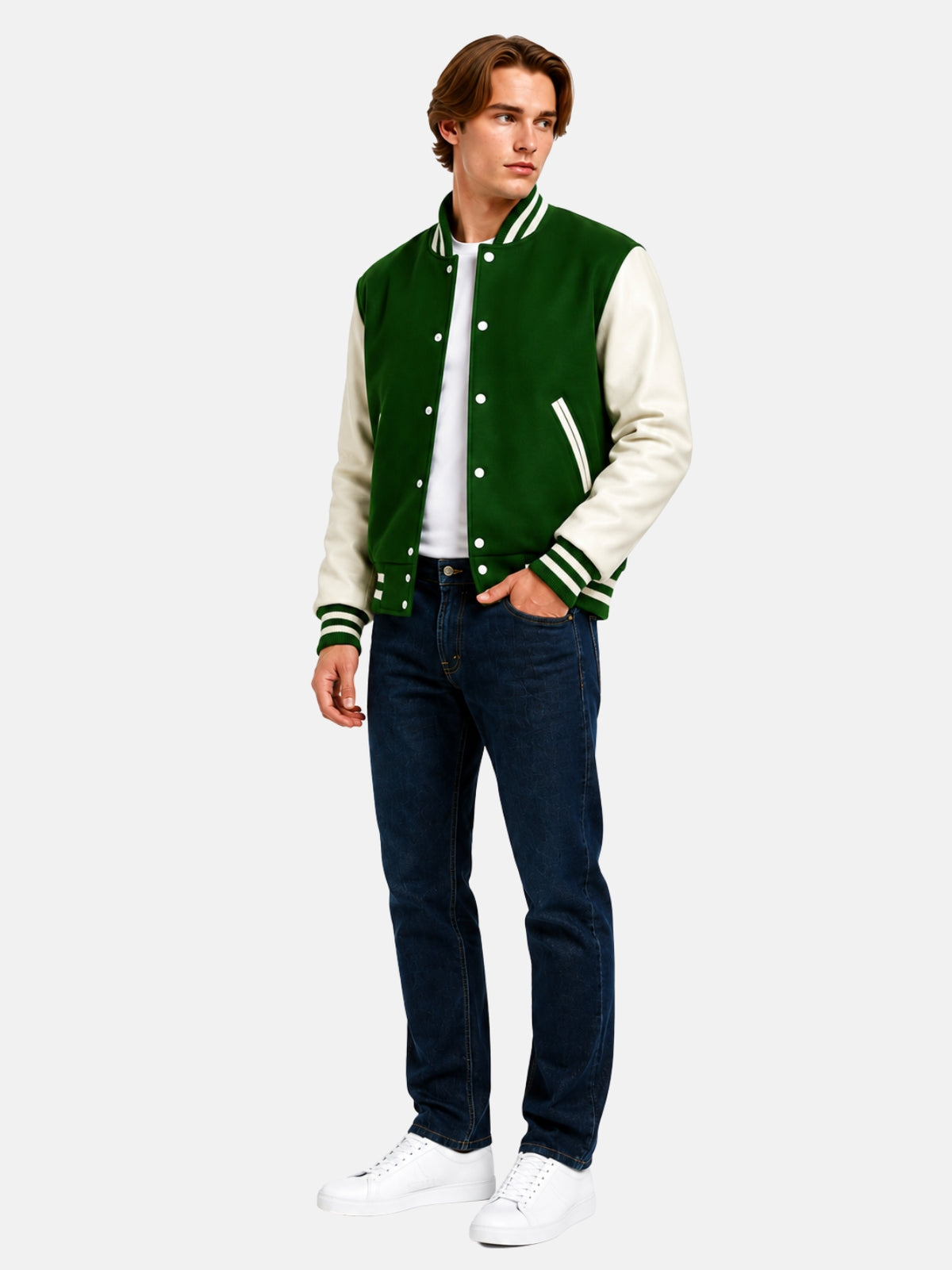 Full-length view of model in forest green and cream wool varsity jacket with dark denim