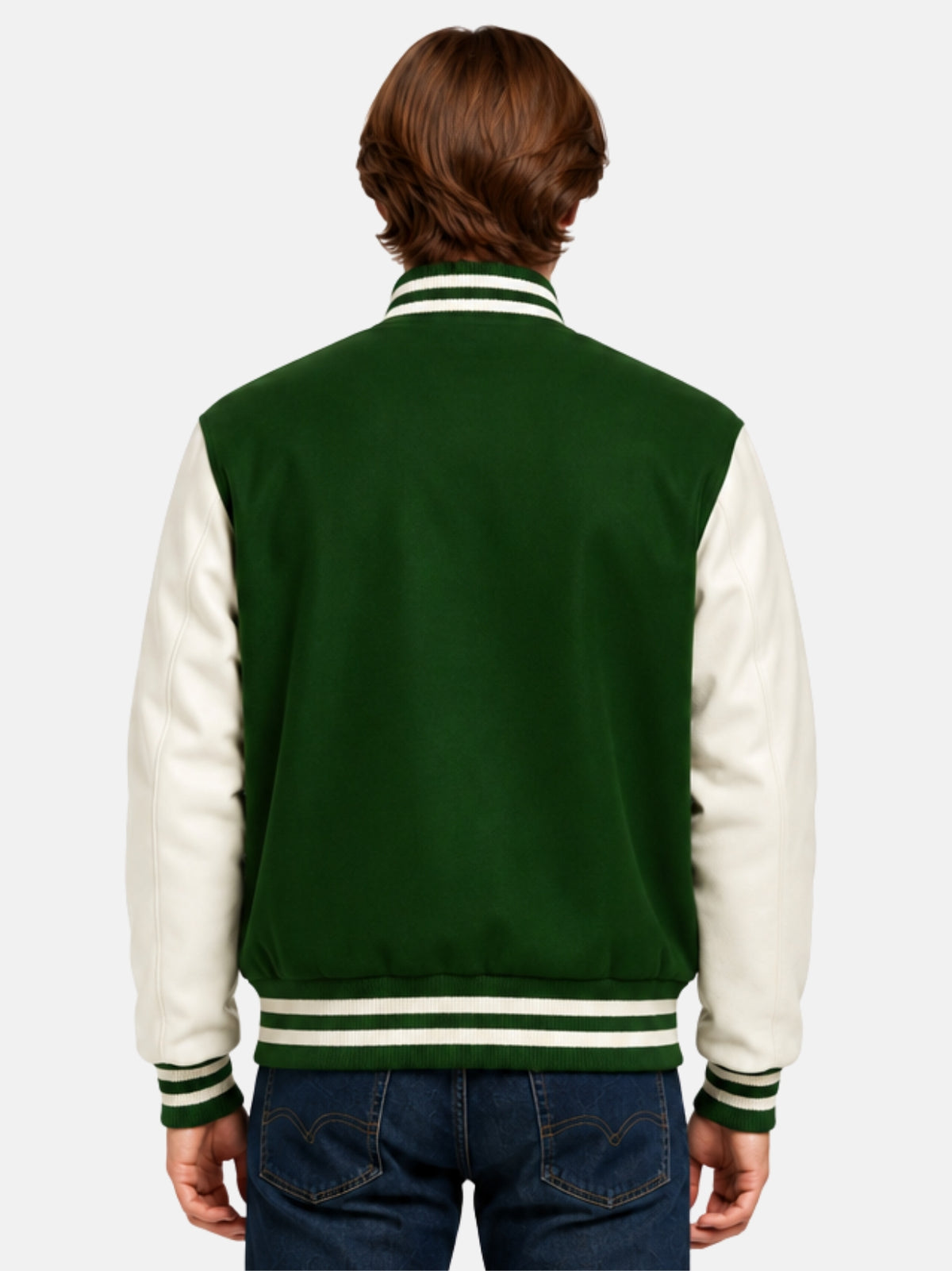 Back view of green wool varsity jacket with clean, patch-free back panel