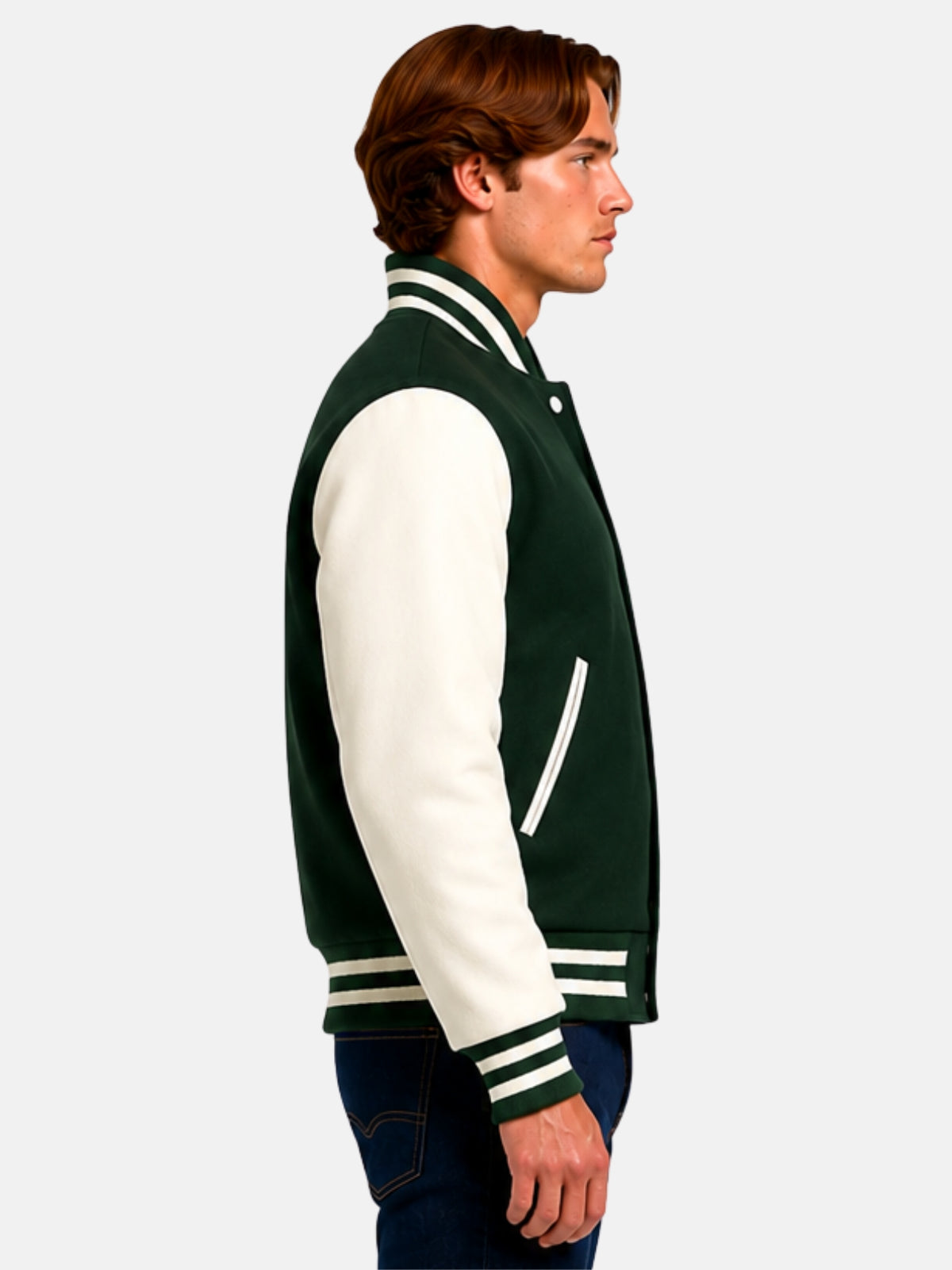 Full-length view of model in dark green wool varsity jacket with dark denim