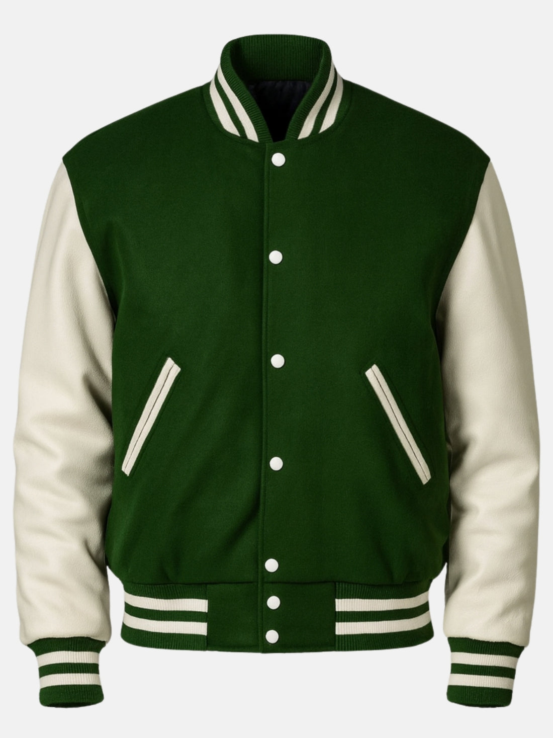  Man wearing a forest green wool varsity jacket with cream sleeves and striped trims