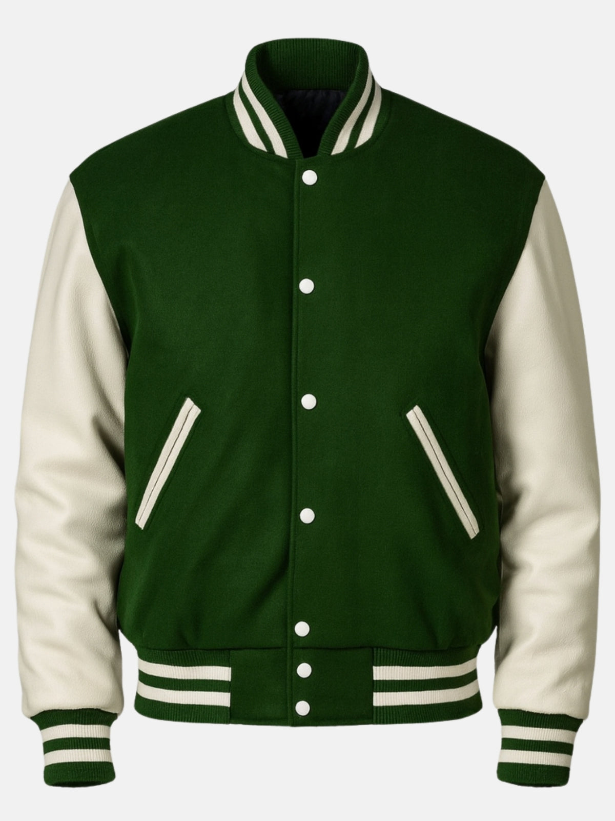 Forest green wool varsity jacket flat front with white snaps and cream-trimmed welts