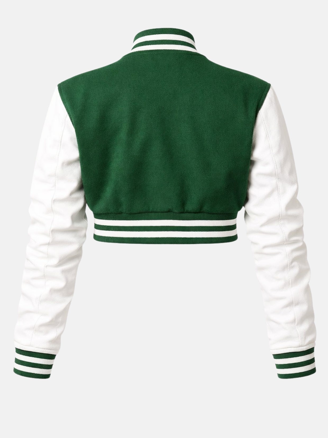 Flat lay, back, green wool panel with white leather sleeves meeting at a set-in shoulder seam