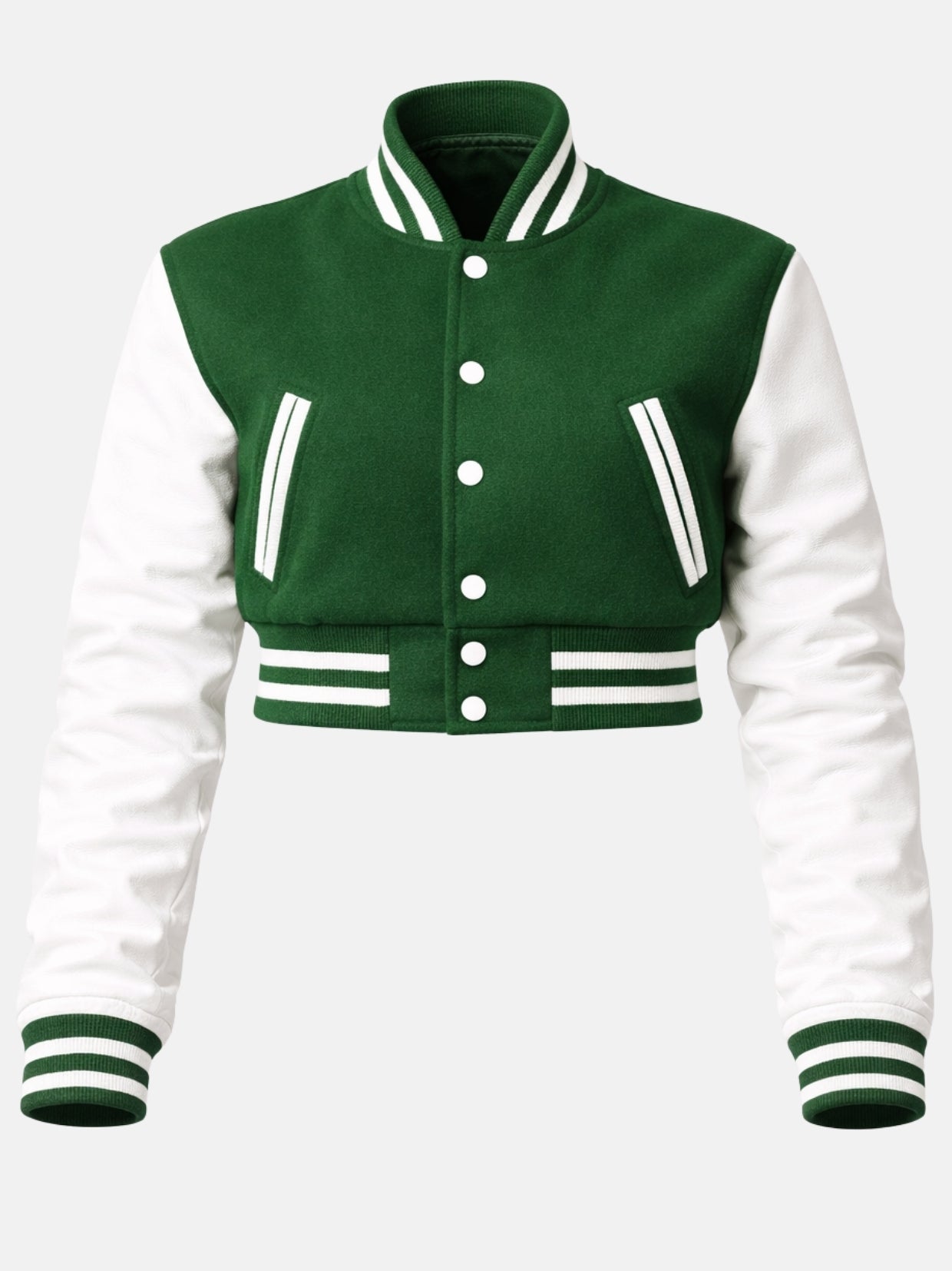 Flat lay, front, five white snaps closed with matching white-piped pockets on each side