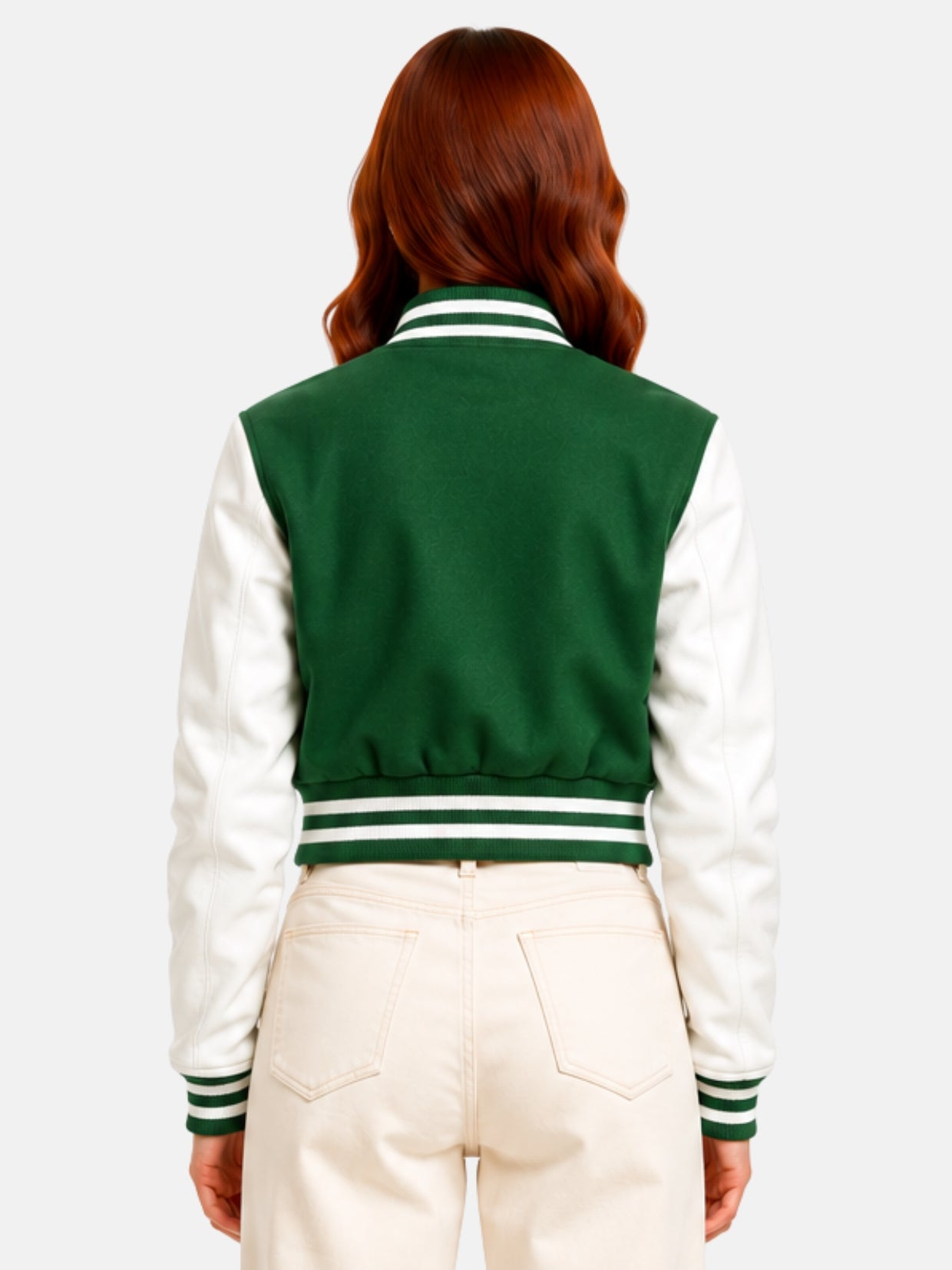 Back view of model showing the green wool back panel against the white leather sleeves