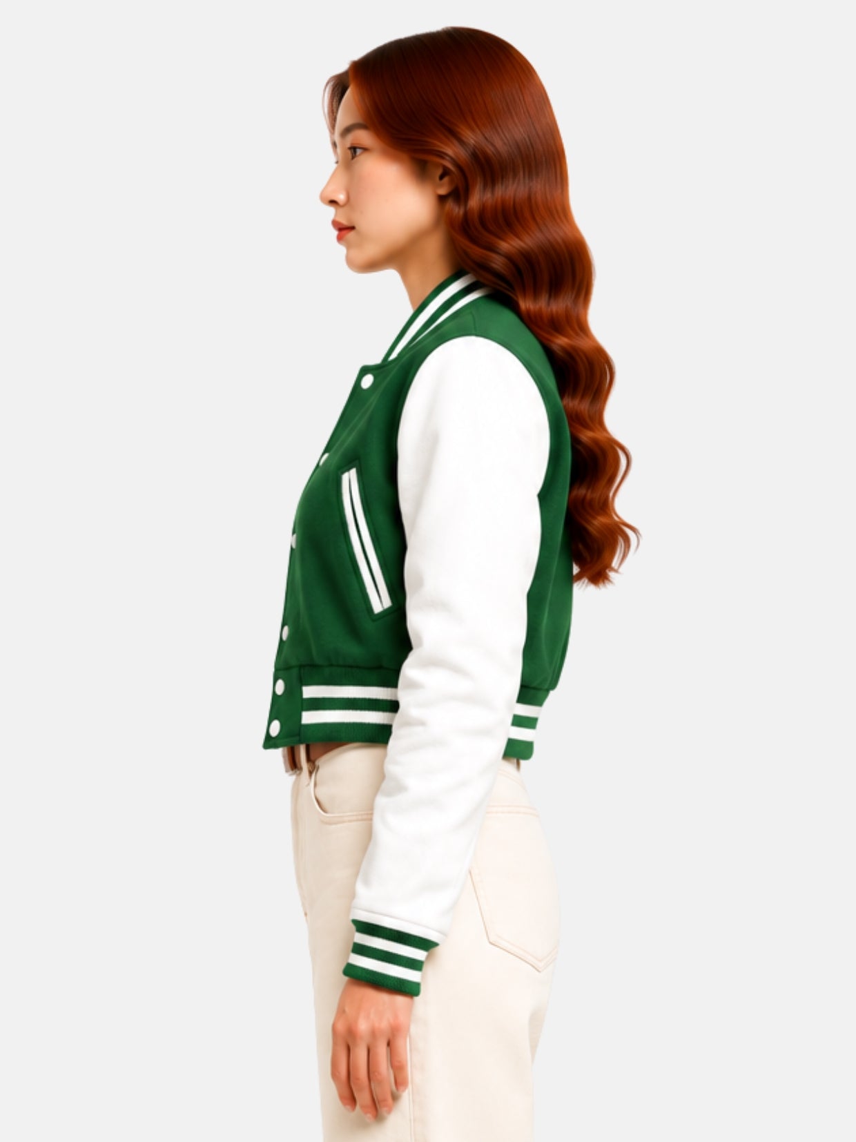 Side profile of model showing the set-in shoulder seam where the leather sleeve meets the wool body