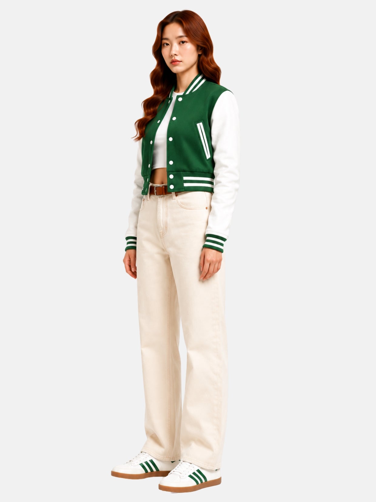 Full-body three-quarter shot of model walking in the wool and leather jacket, white-and-green sneakers and cream denim