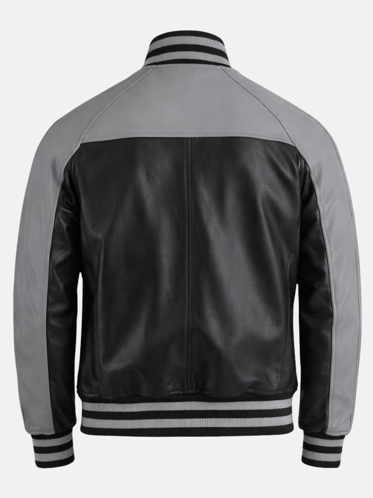 Grey and black leather varsity jacket with contrast sleeves and ribbed trim, back view