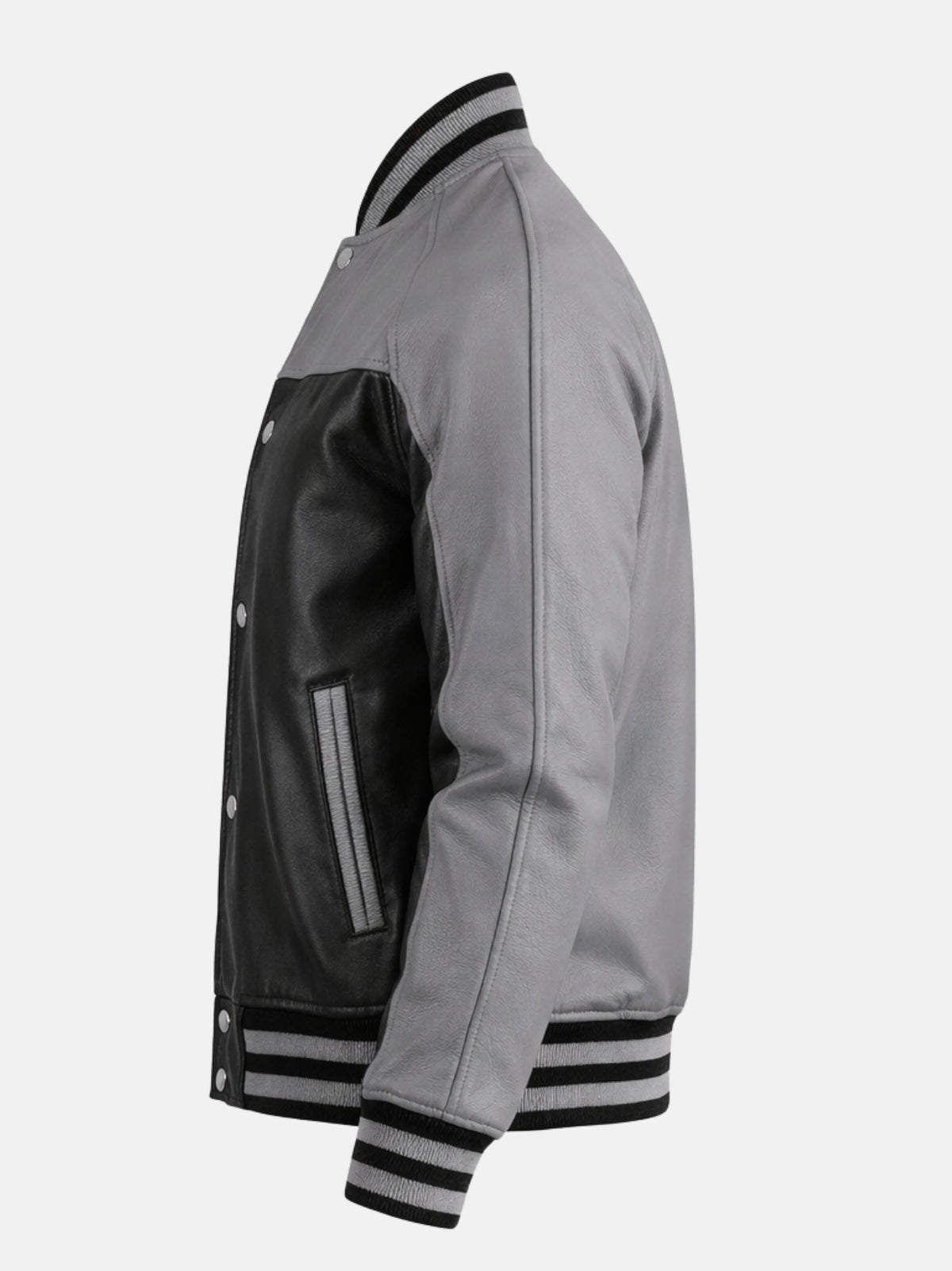 Grey and black leather varsity jacket with contrast sleeves and ribbed trim, left view