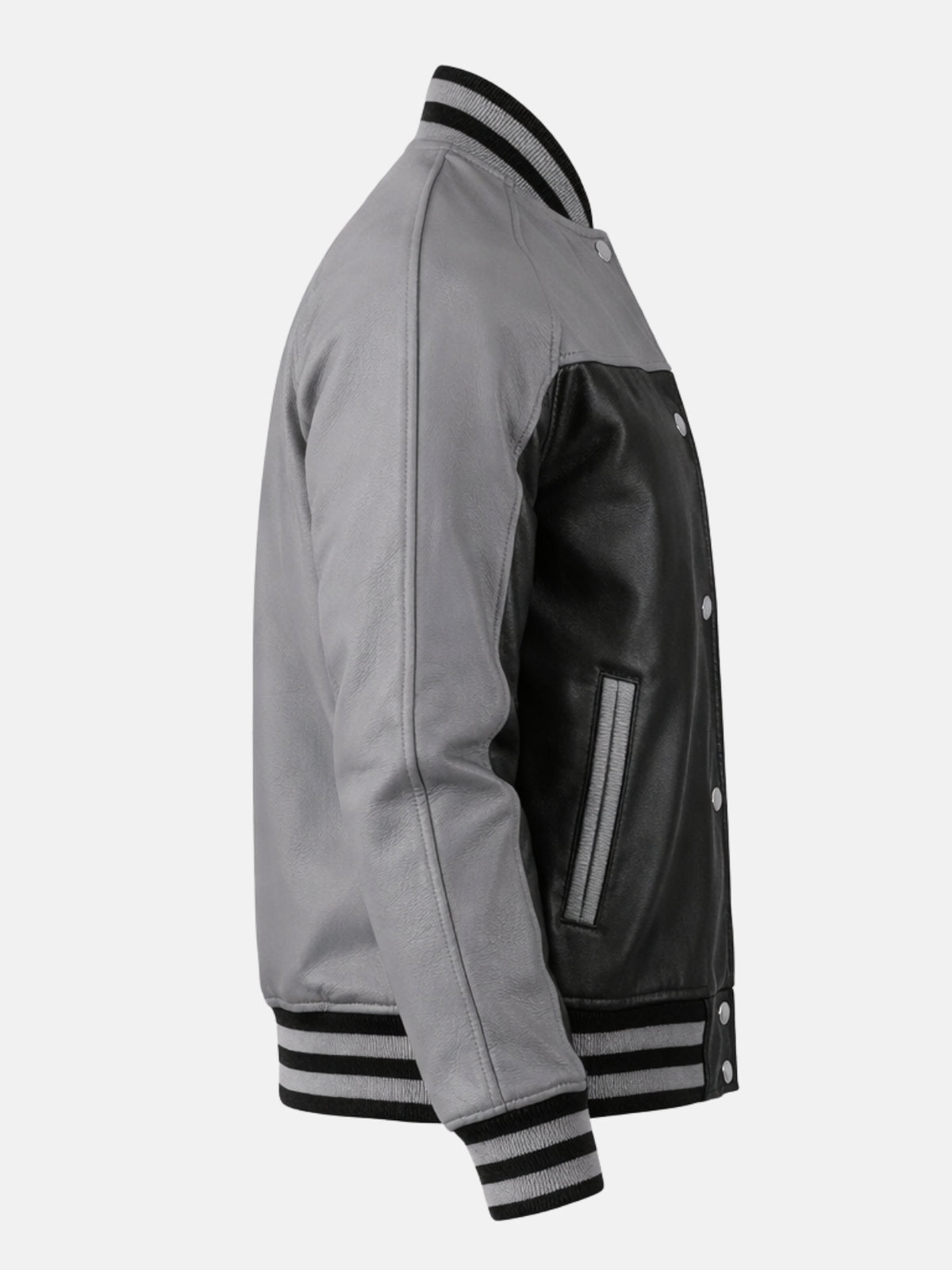 Grey and black leather varsity jacket with contrast sleeves and ribbed trim, right view