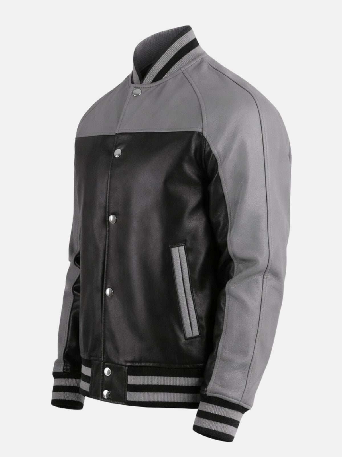 Grey and black leather varsity jacket with contrast sleeves and ribbed trim, tilt view