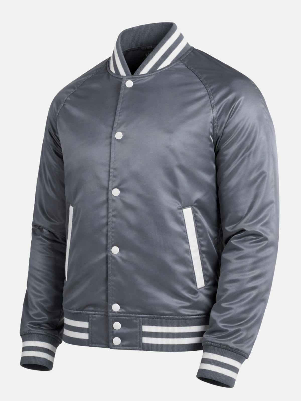 Angled front view of grey satin varsity jacket with snap placket and hem tab