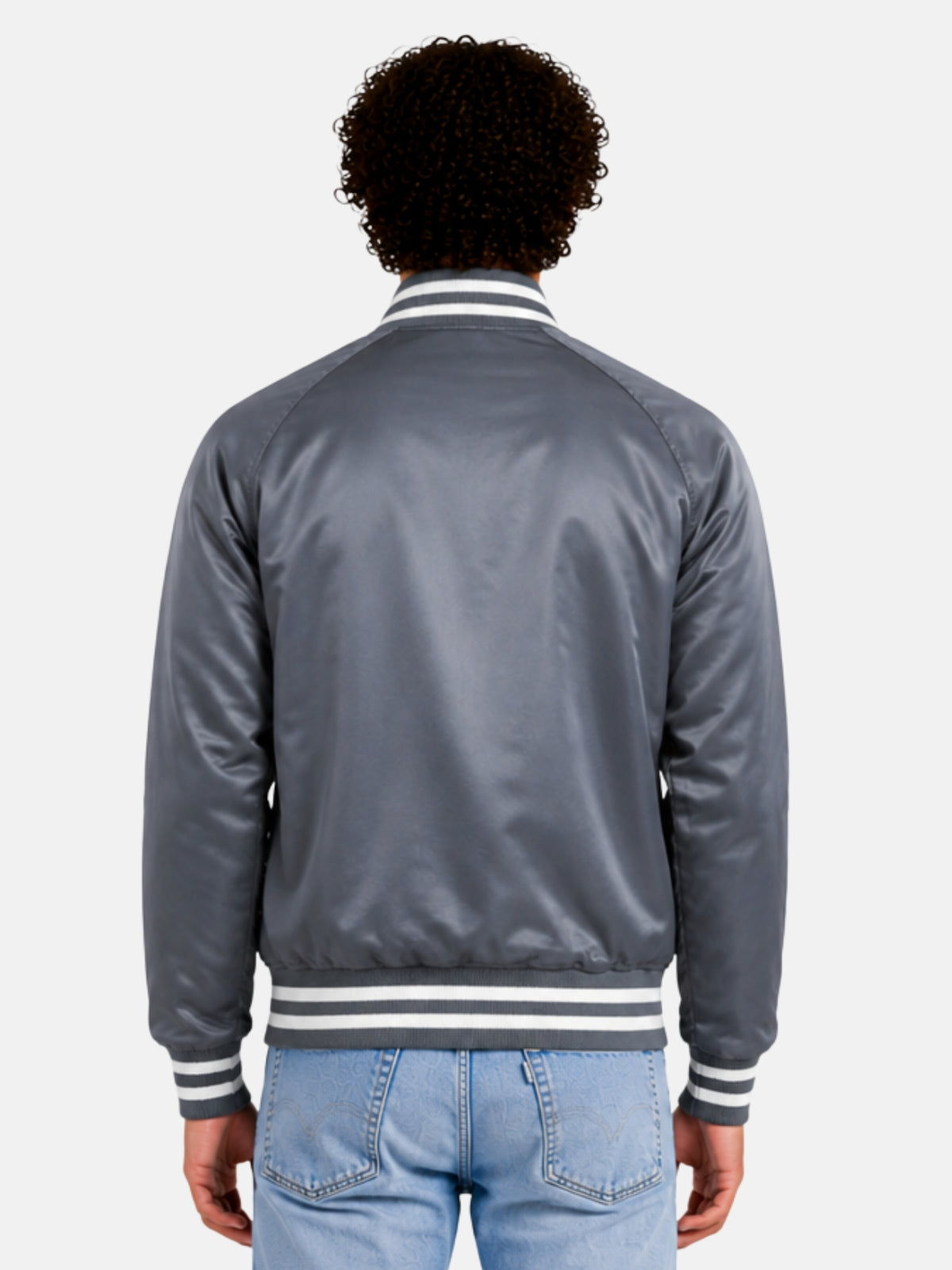 Back view of grey satin varsity jacket with clean, patch-free back panel