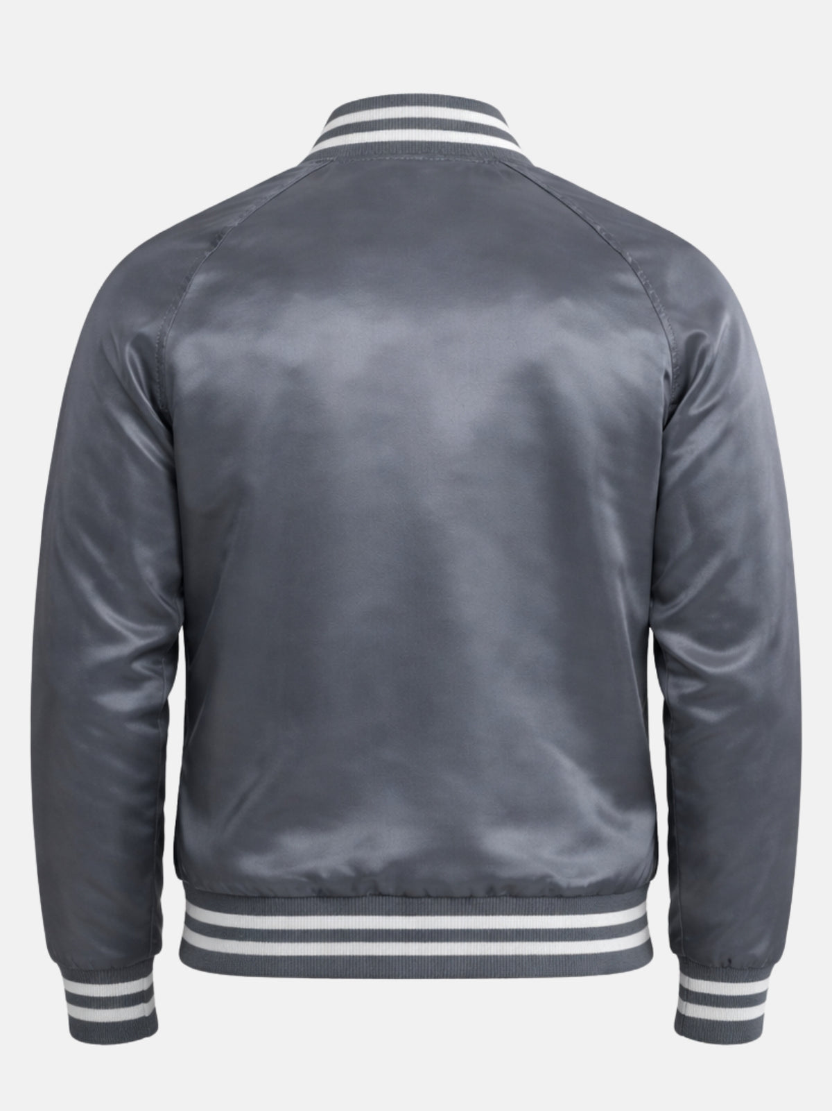 Flat back shot of grey satin varsity jacket showing raglan sleeve seams