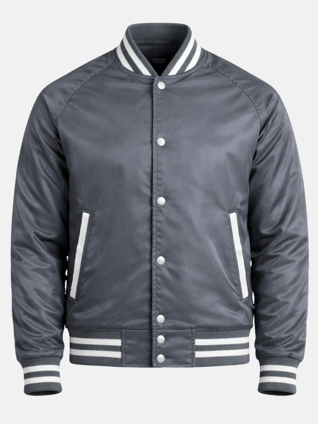 Man wearing a grey satin varsity jacket with white striped trims and snap front