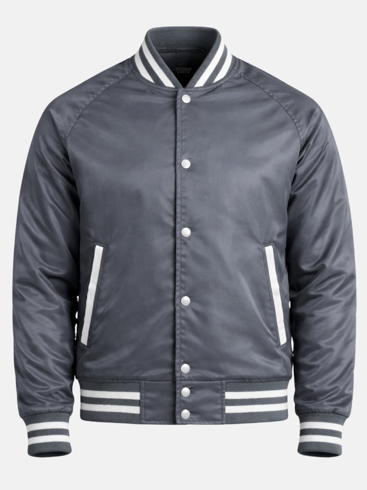 Slate grey satin varsity jacket flat front with white snaps and white-trimmed welt pockets