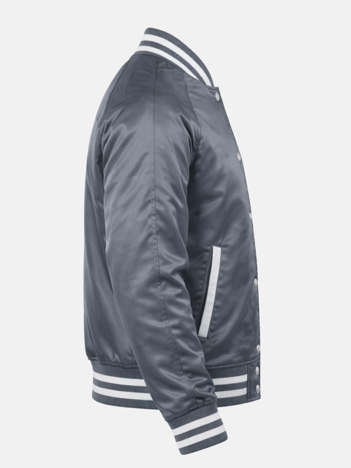  Flat side view of grey varsity jacket showing white pocket trim and striped hem
