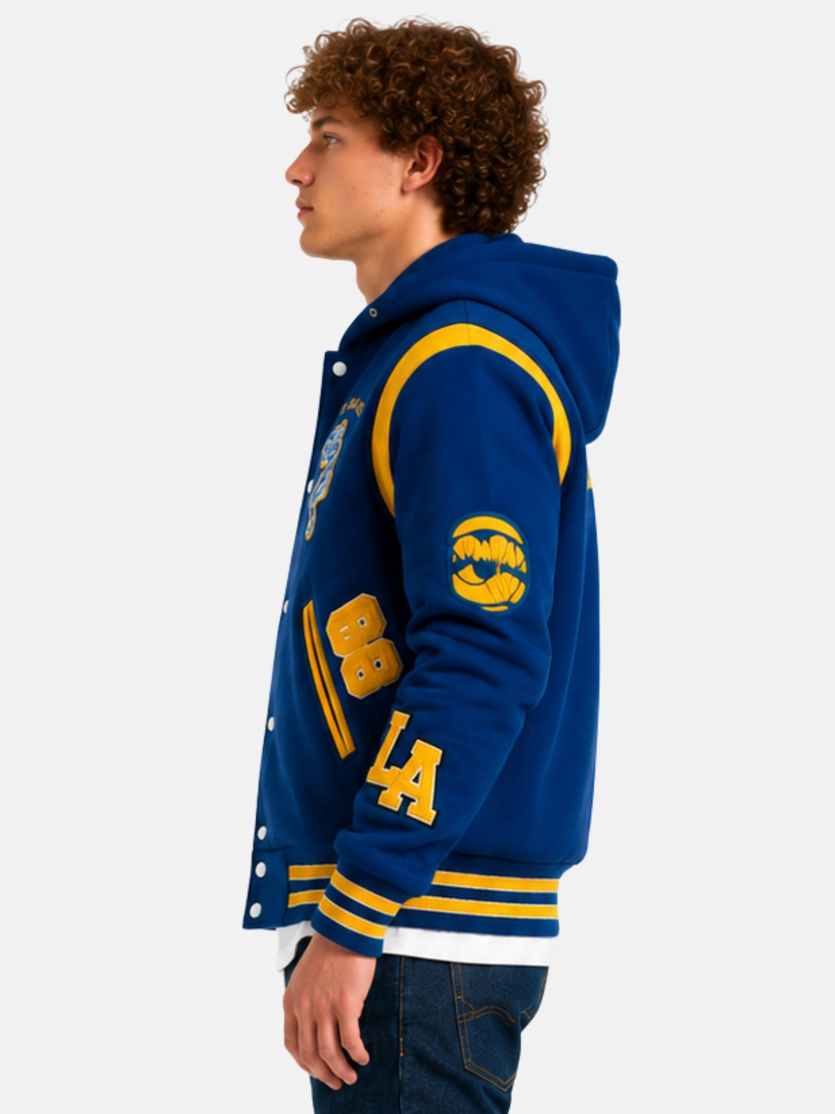 Side profile of hooded varsity jacket showing basketball sleeve patches and 88 number