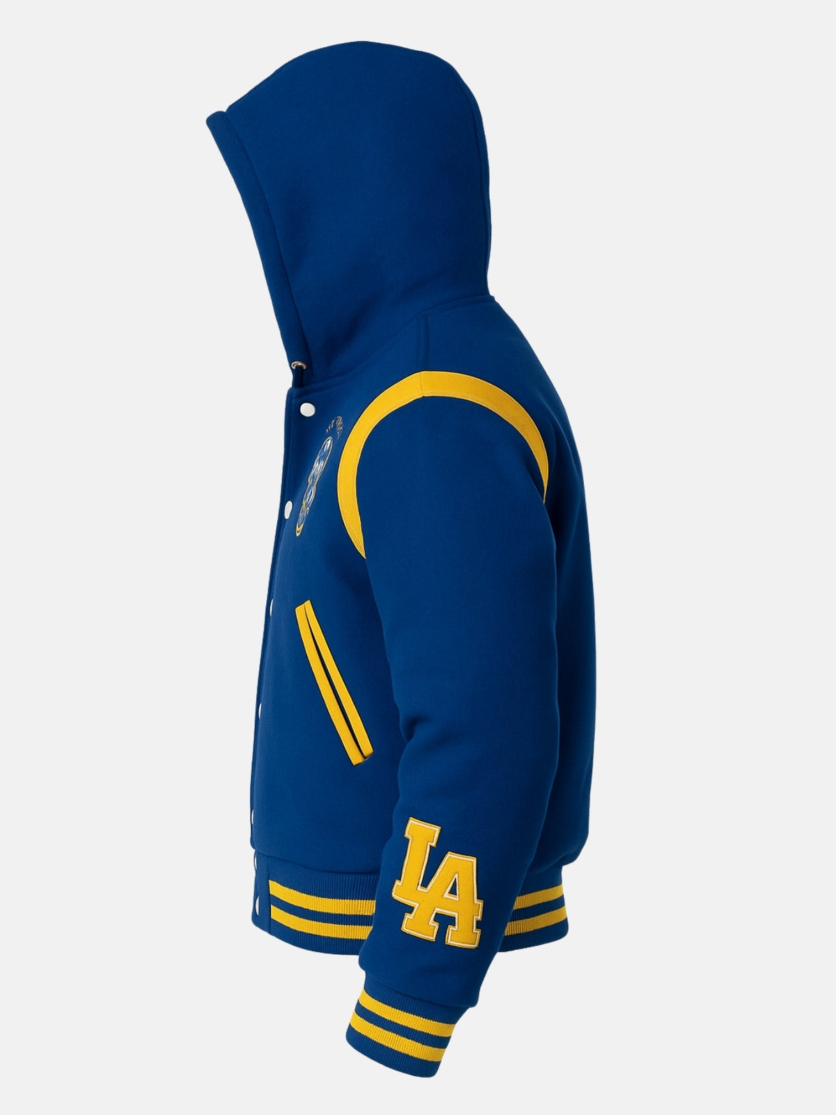 Side flat view of hooded varsity jacket with hood raised and LA forearm patch
