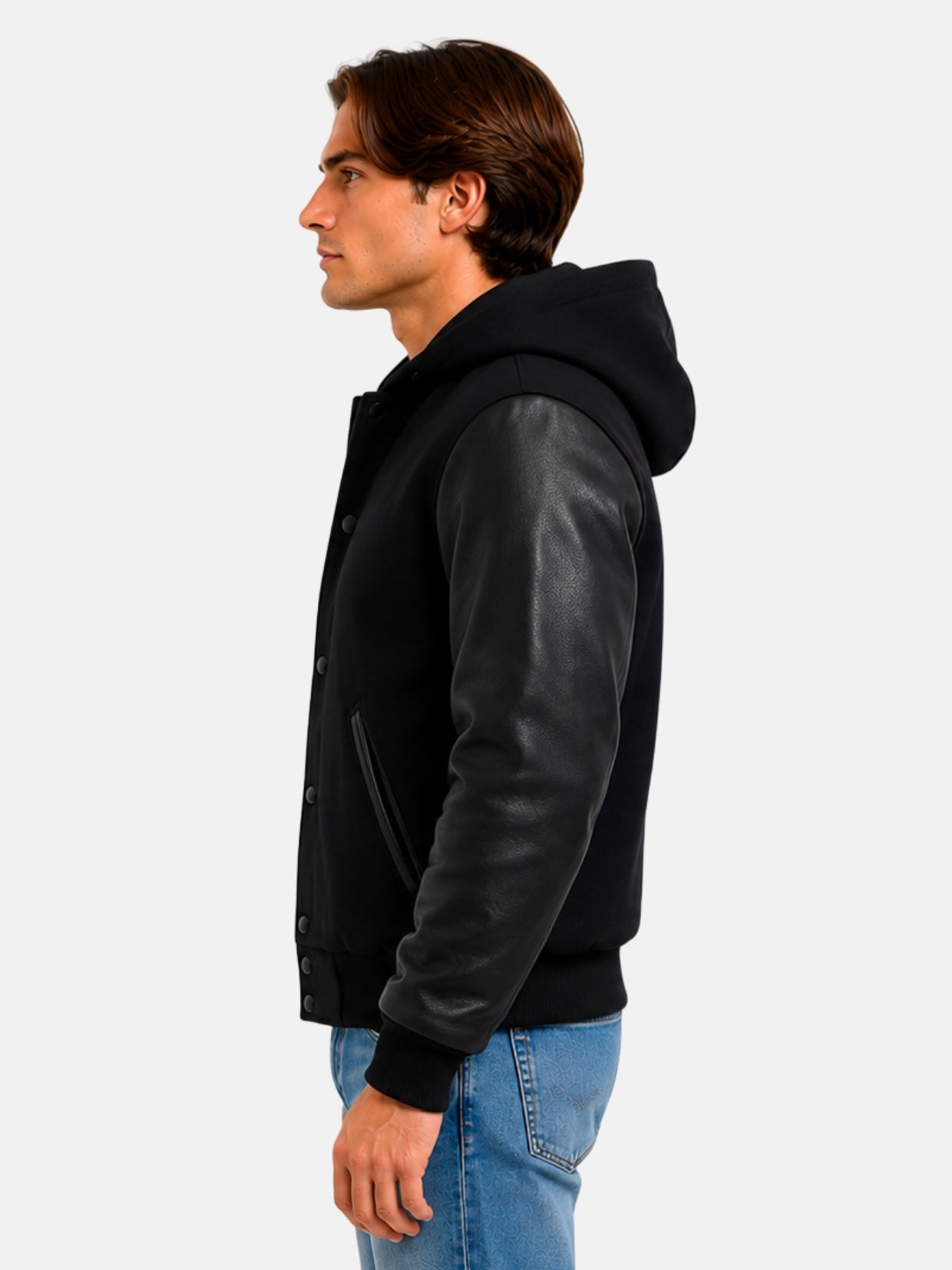 Side profile of black hooded varsity jacket with pebbled leather sleeve on model