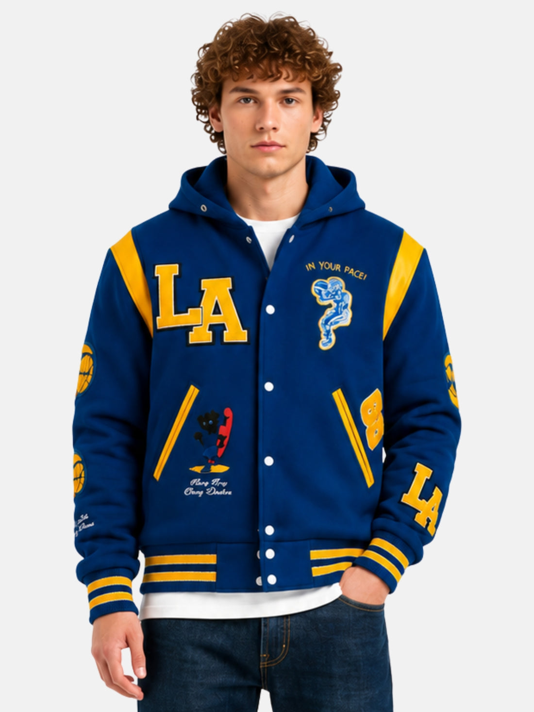  Man wearing a blue hooded varsity jacket with chenille LA patch and gold trims