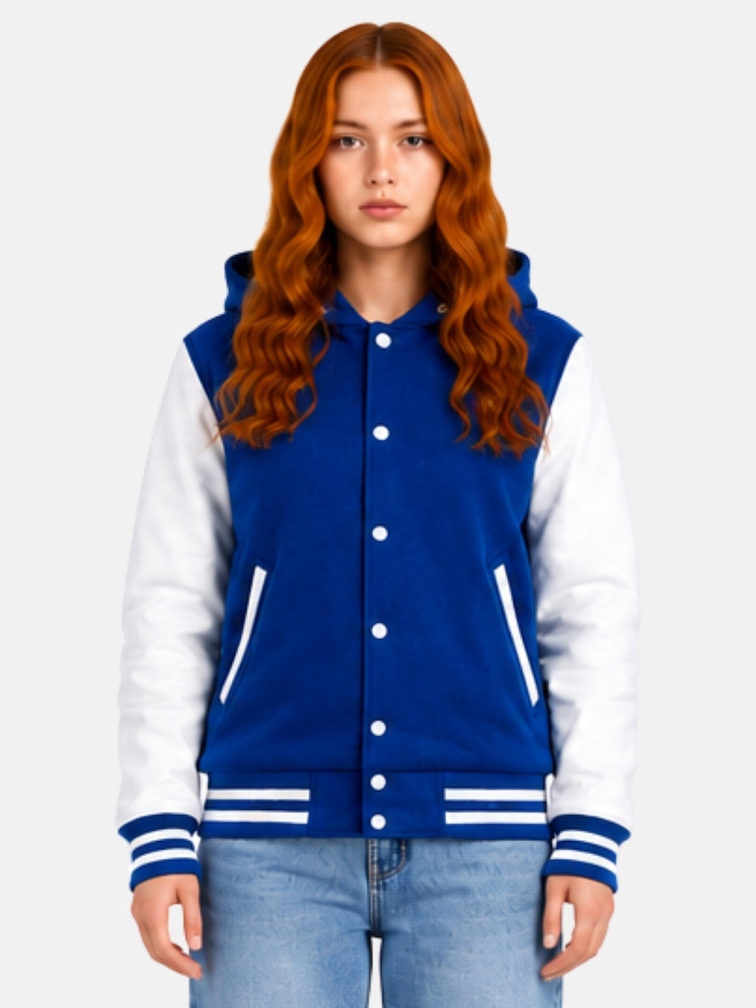 Woman wearing a blue hooded varsity jacket with white leather sleeves and hood up