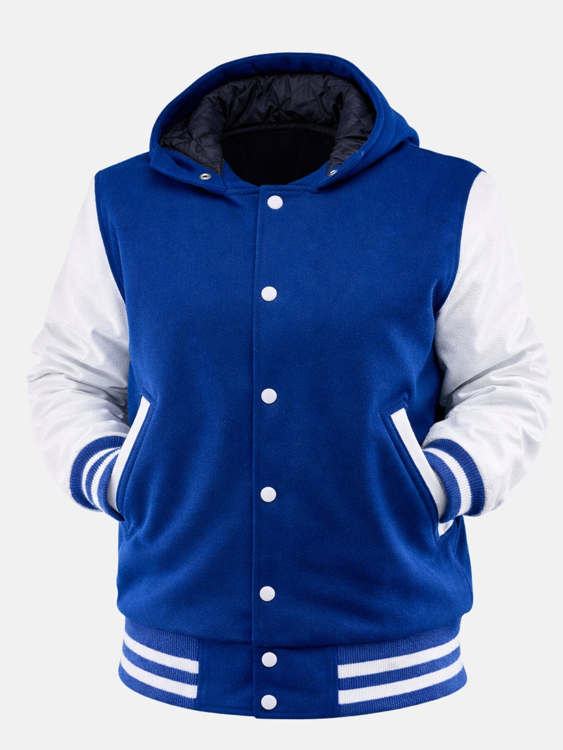 Woman wearing a blue hooded varsity jacket with white leather sleeves and hood up