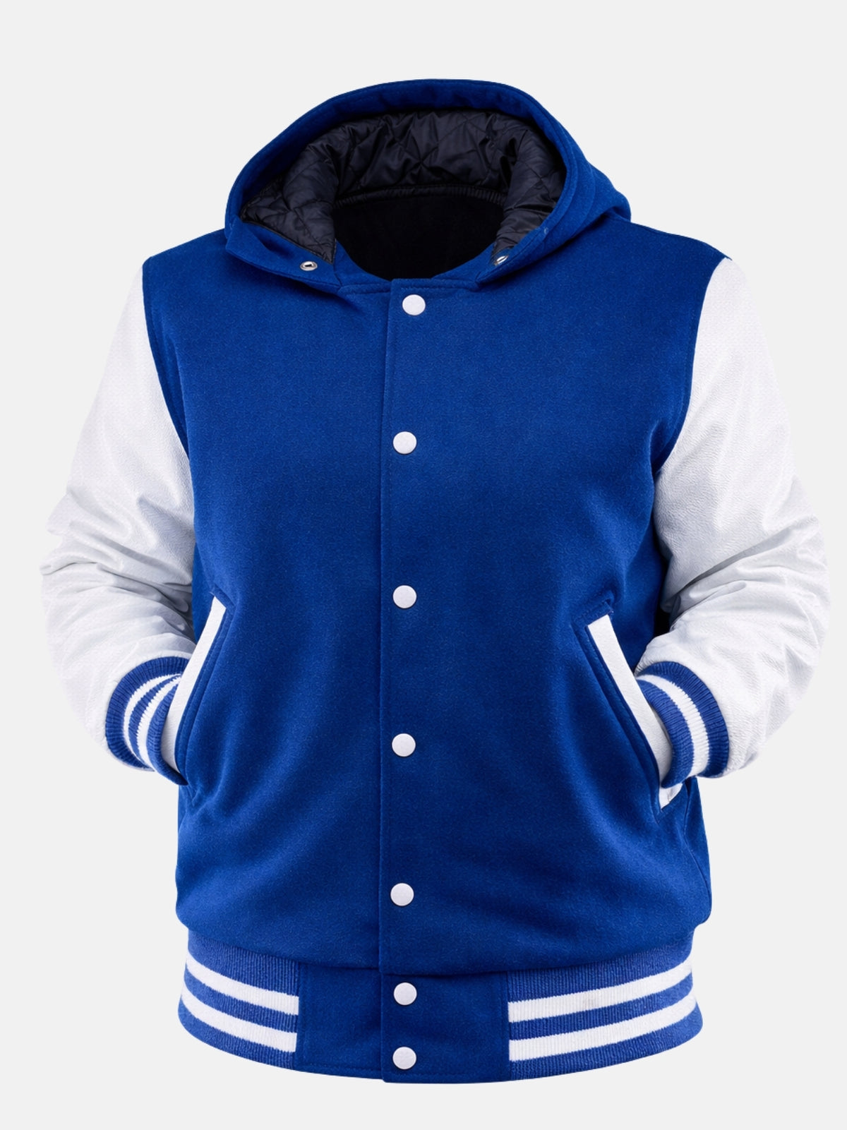 Blue hooded varsity jacket flat front with hood open showing quilted navy lining