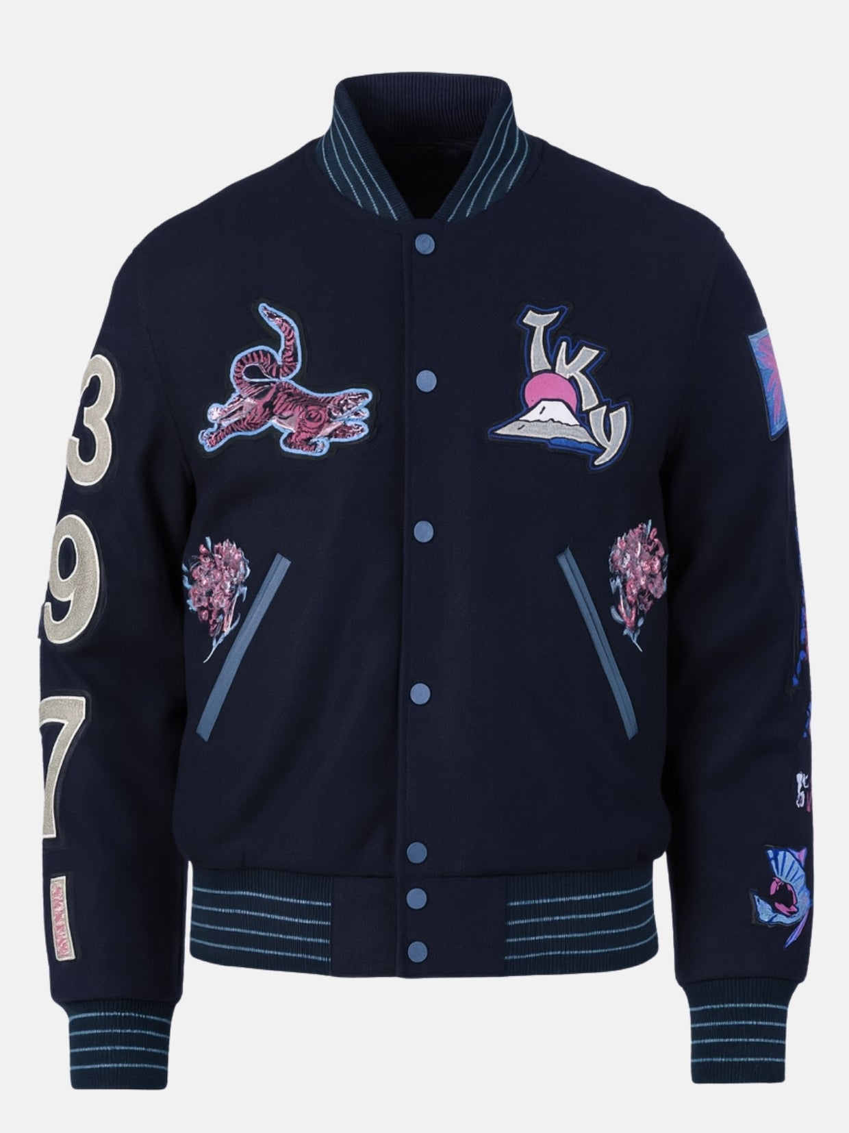 Navy Japanese varsity jacket flat front with tiger patch and blue snaps