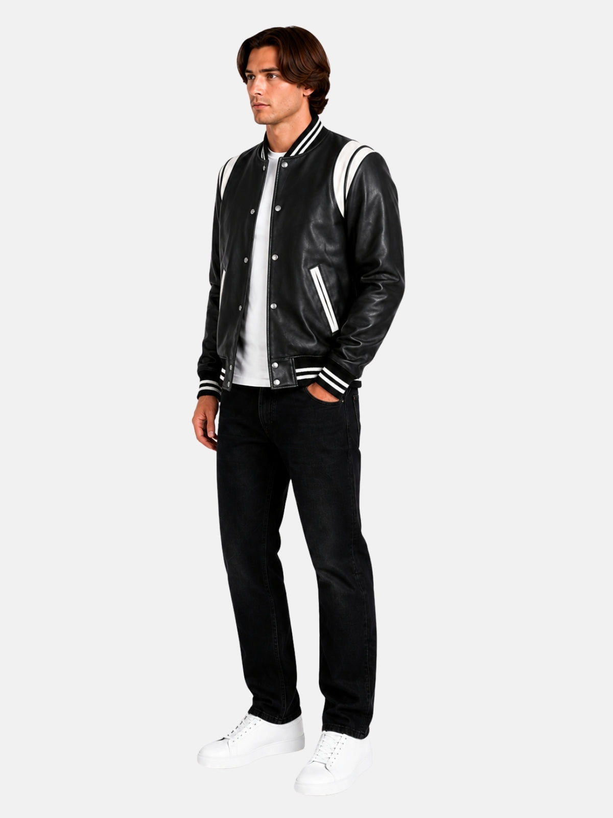 Full-length outfit with black leather letterman biker jacket, black jeans and white sneakers