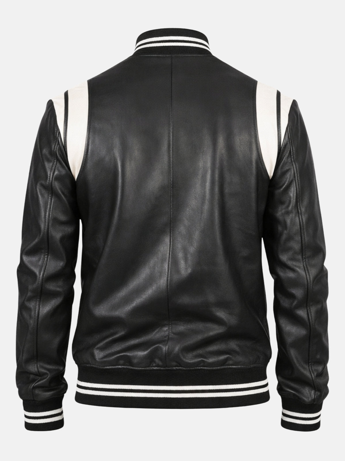 Blank black leather back of biker varsity jacket with white shoulder bands, patch-ready