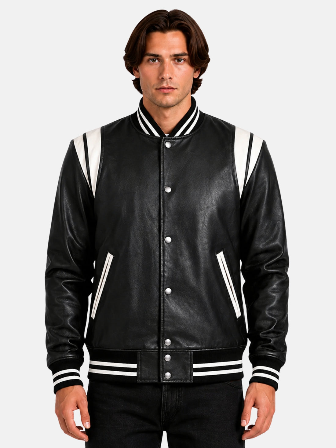 Man wearing black leather biker varsity jacket with white shoulder panels and silver snaps