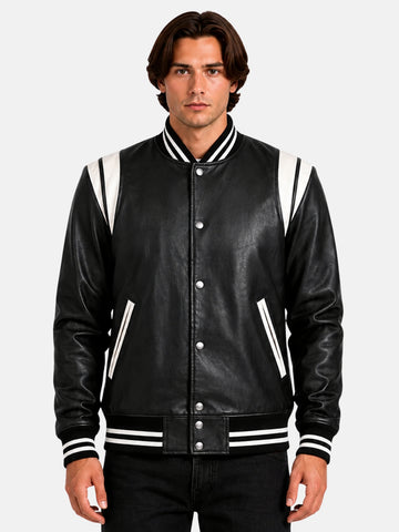 Man wearing black leather biker varsity jacket with white shoulder panels and silver snaps