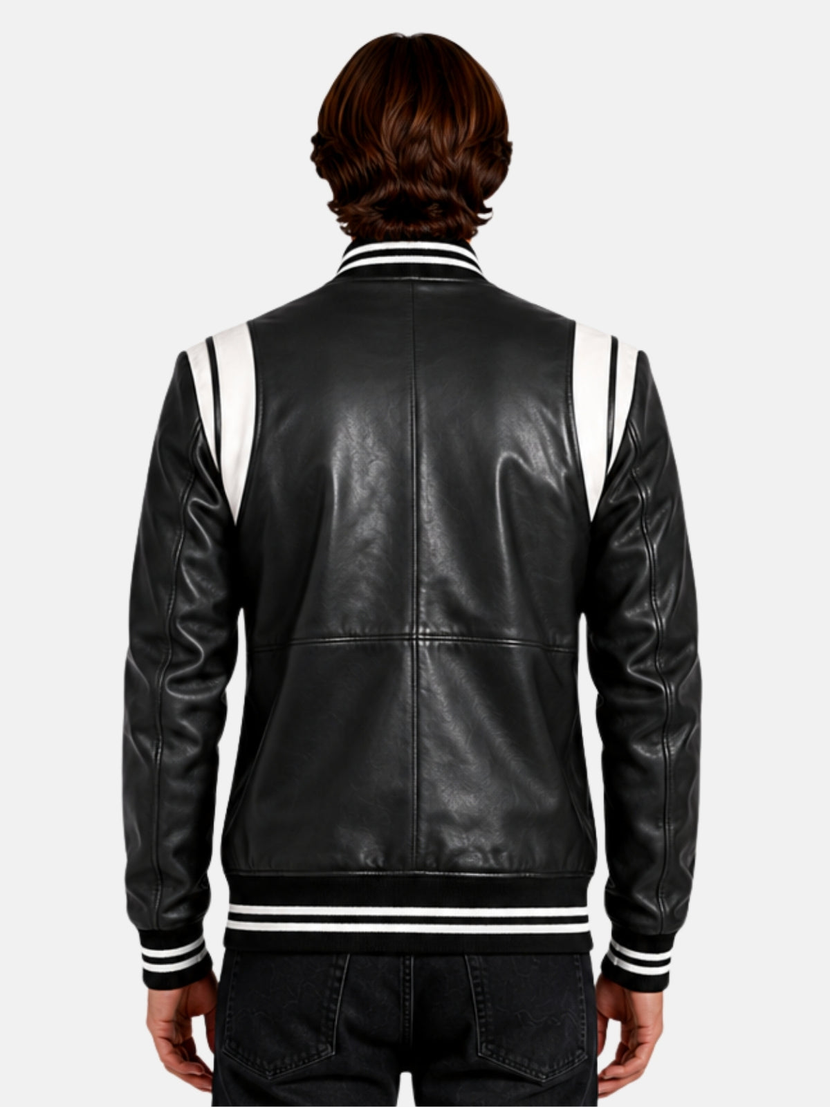Back of black leather biker varsity jacket with white shoulder bands and striped hem