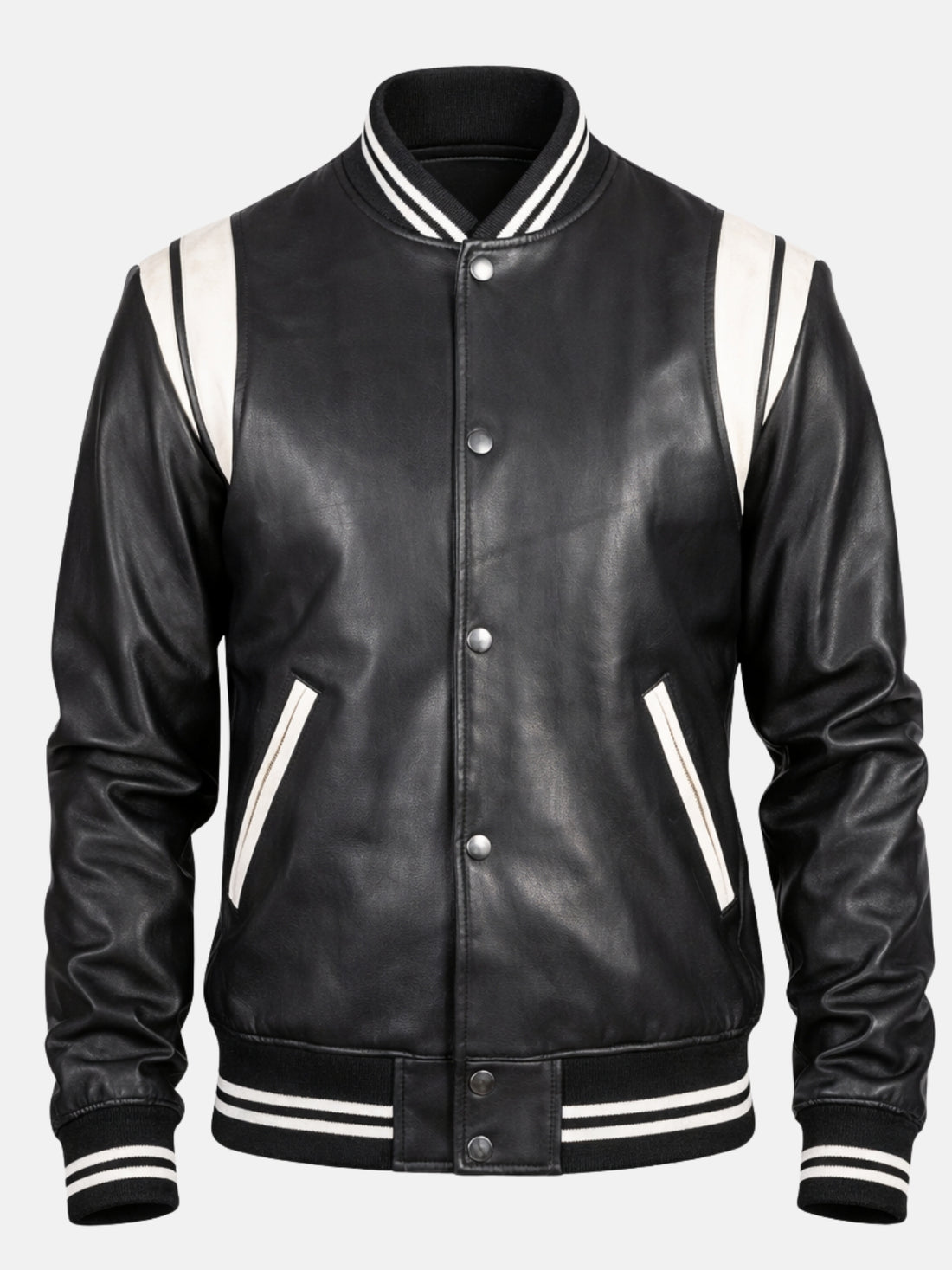 Man wearing black leather biker varsity jacket with white shoulder panels and silver snaps
