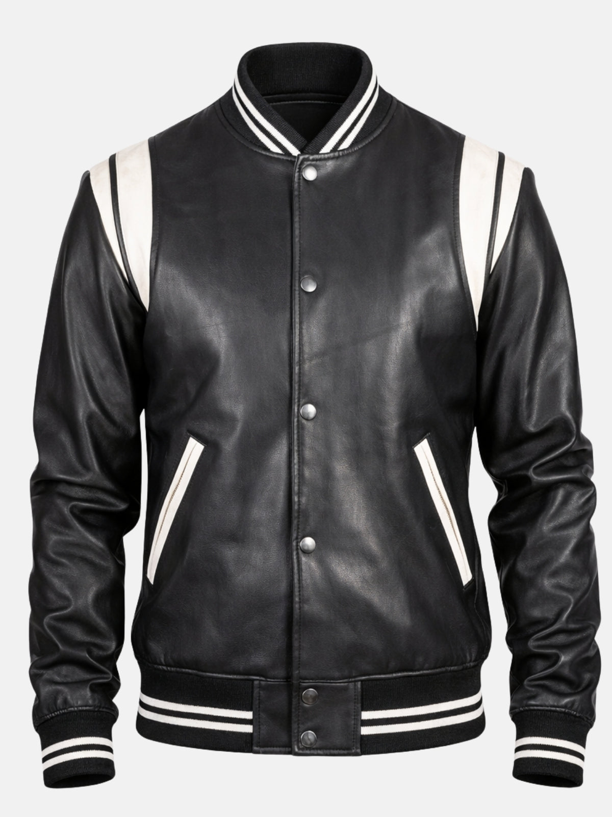 Black leather varsity jacket with silver snaps, white shoulder panels and striped collar