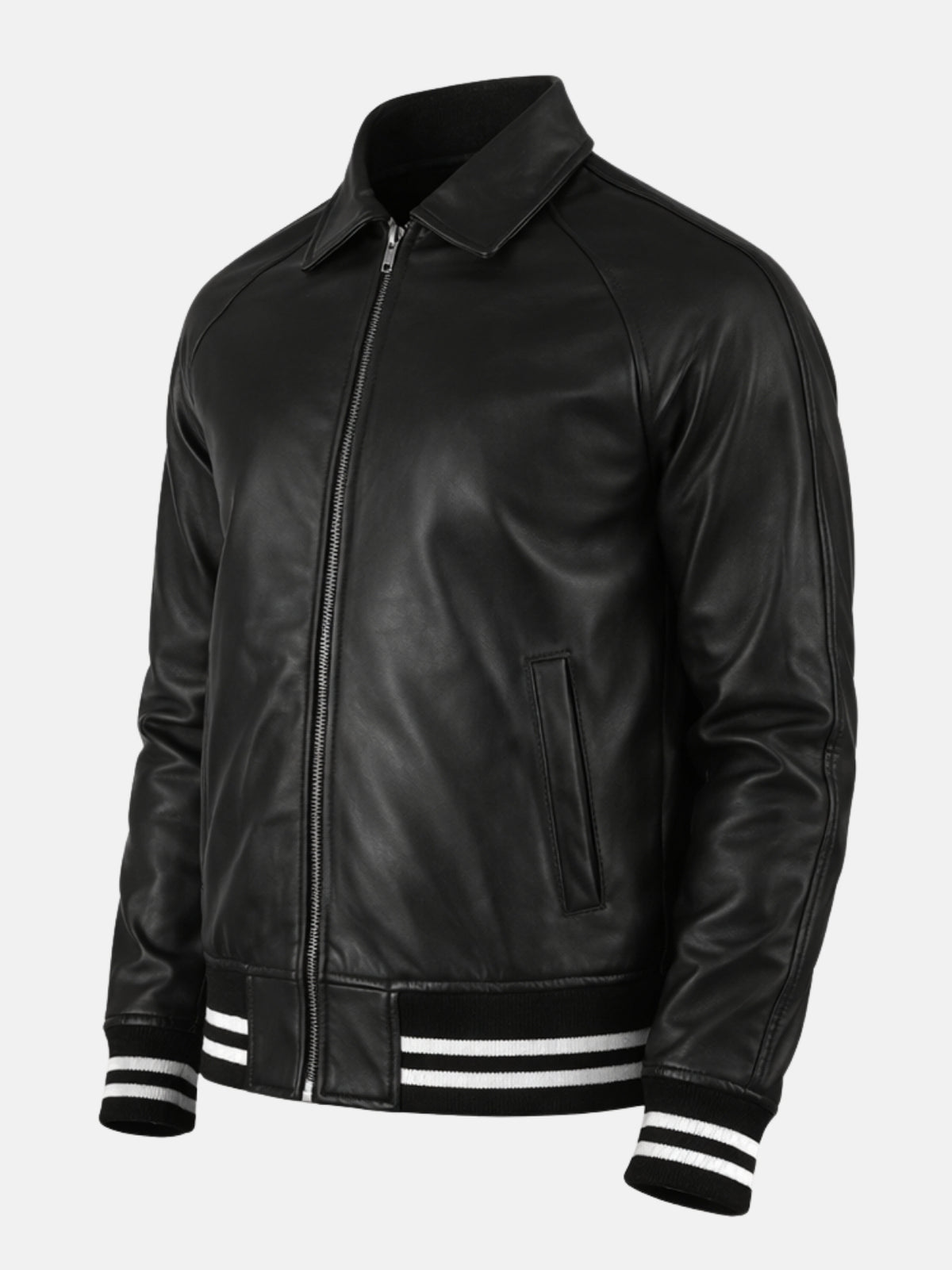 Angled view of black leather letterman jacket with zip front and striped hem band