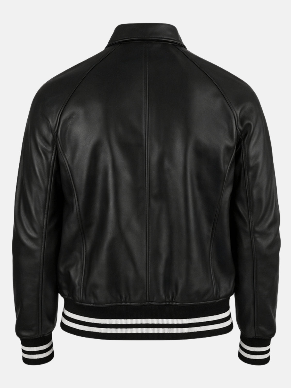 Blank back of black leather letterman jacket with center seam and striped ribbing