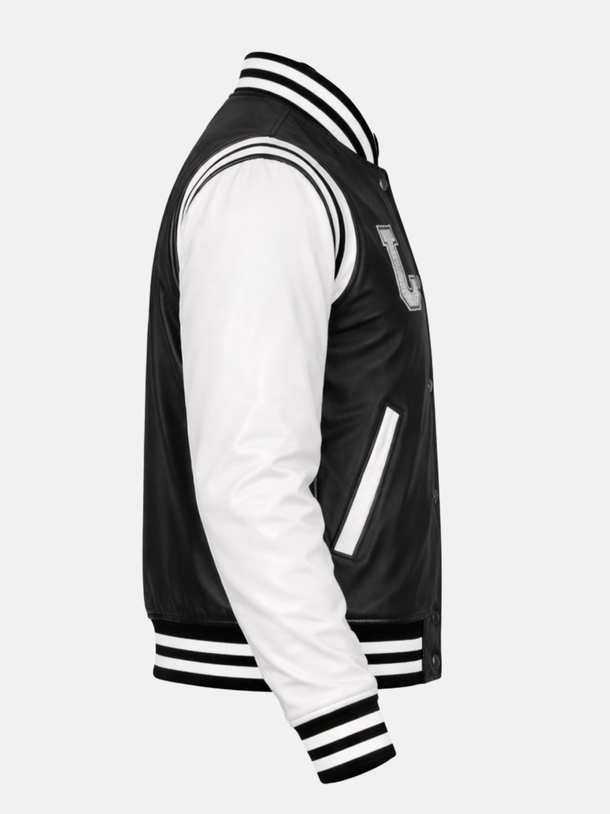 White leather sleeve with striped shoulder insert on black letterman jacket, side view
