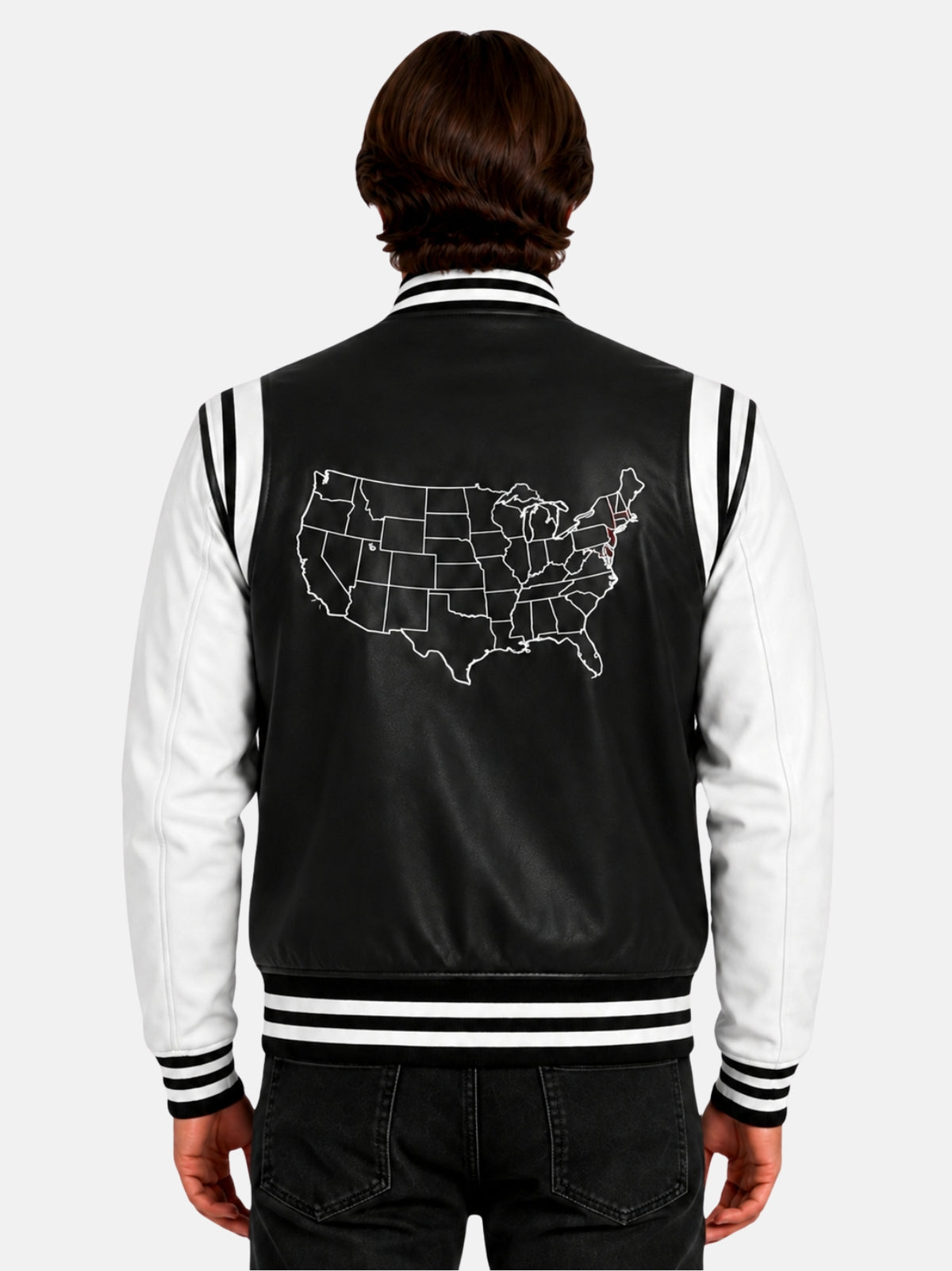 Model showing embroidered USA map on back of black leather letterman jacket
