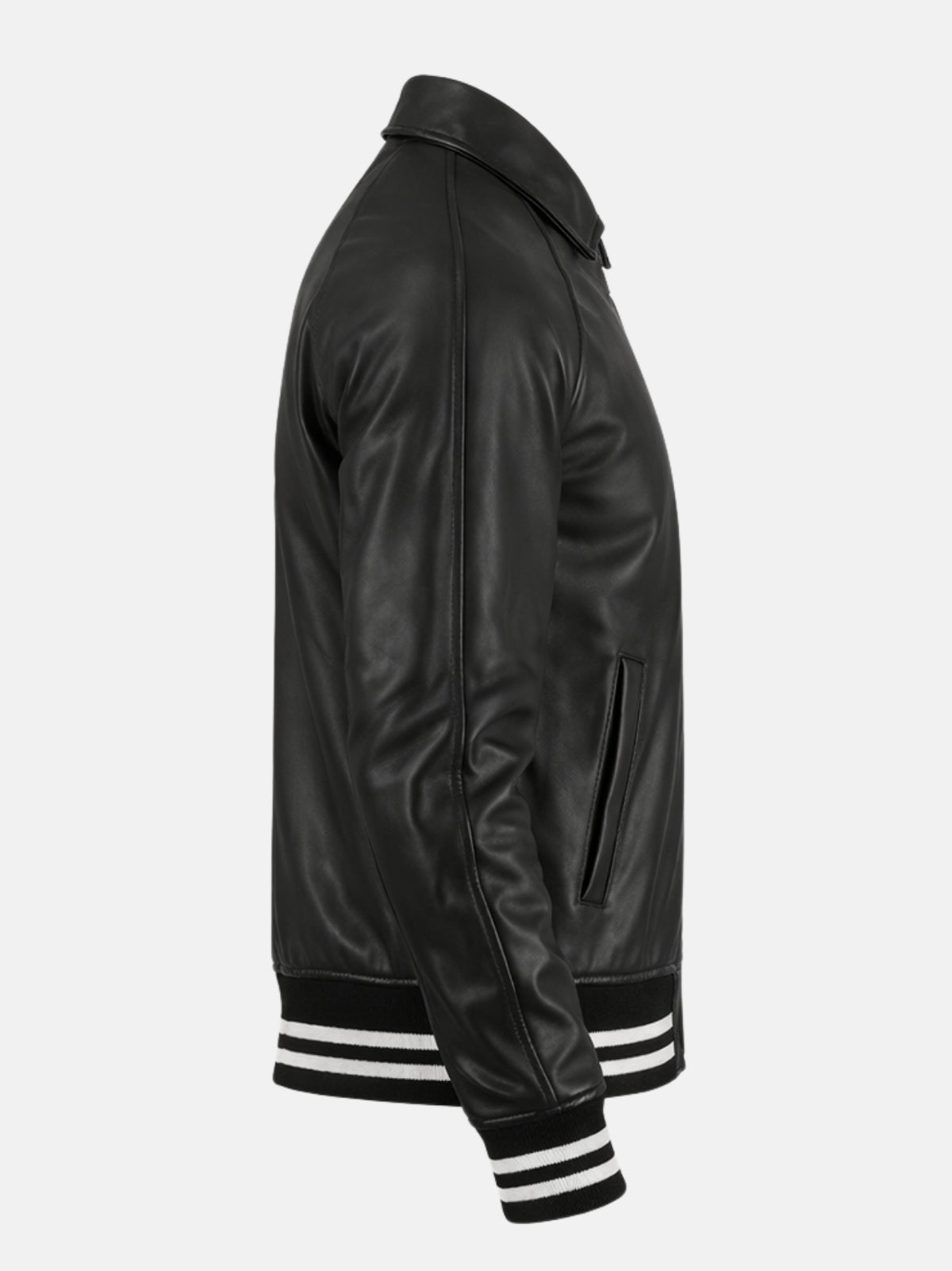 Welt hand pocket on black leather letterman jacket, side view with striped cuff
