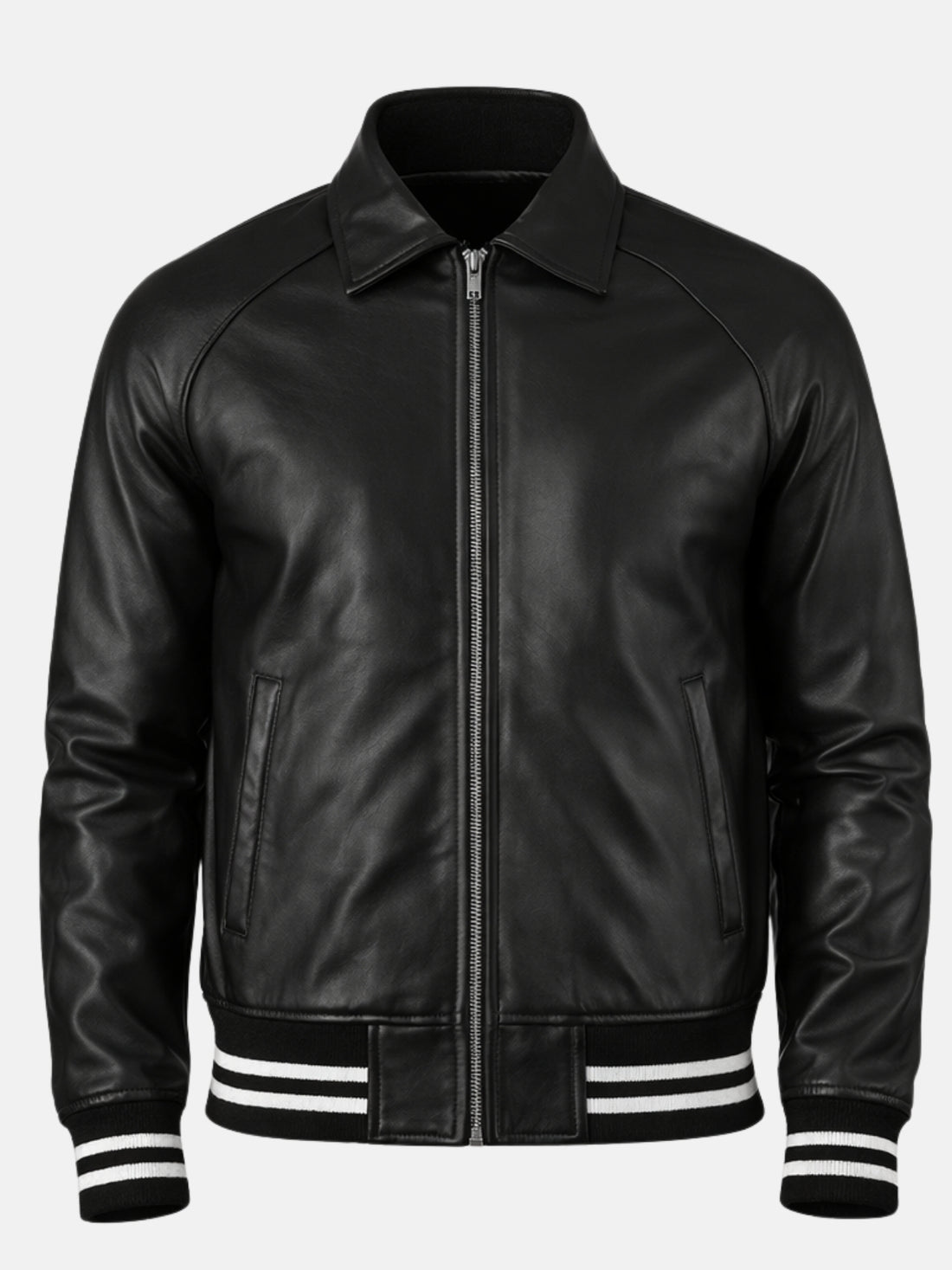 Man wearing black leather letterman jacket with striped rib hem and silver zip
