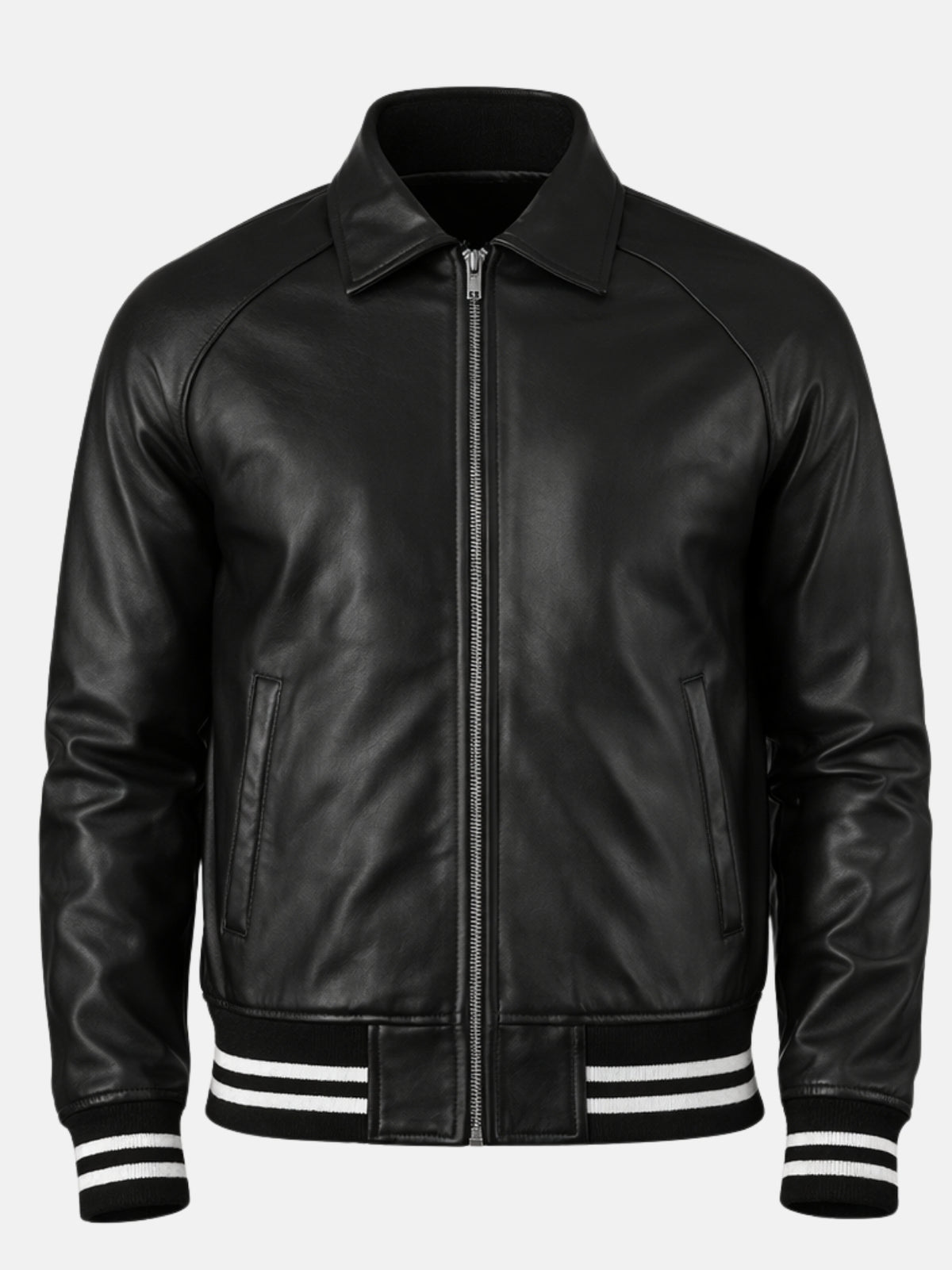Black leather letterman jacket with silver zip, shirt collar and striped rib trim