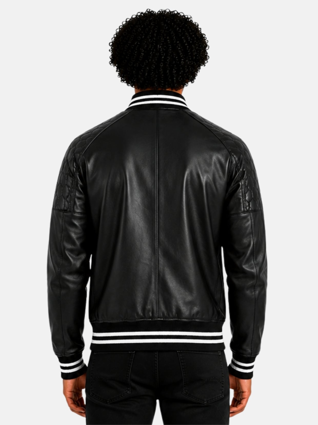 Model showing back of black leather varsity bomber with white striped ribbing
