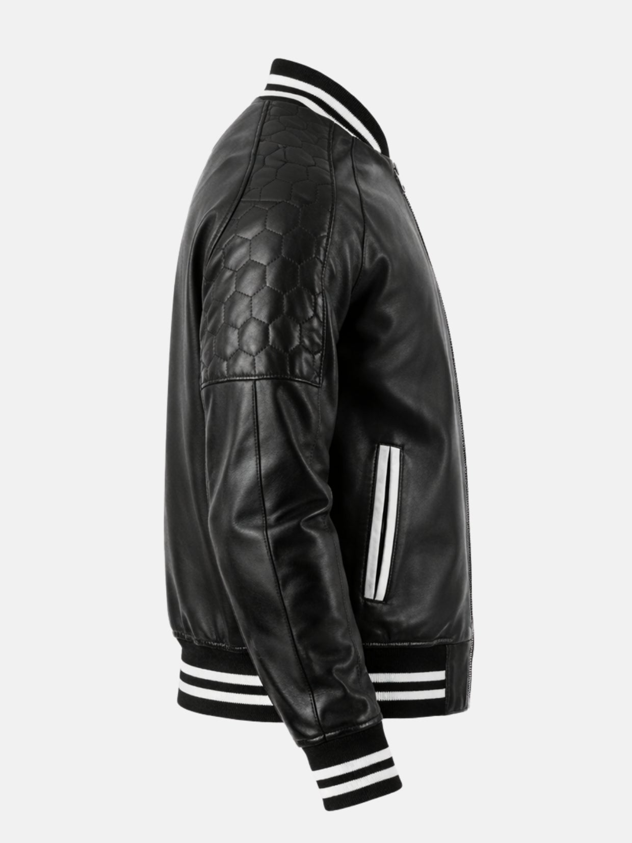 Honeycomb quilted shoulder panel on black leather varsity jacket, side view