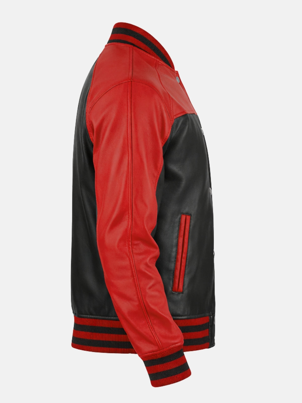 Side view of leather varsity jacket with red sleeve and red black striped cuffs