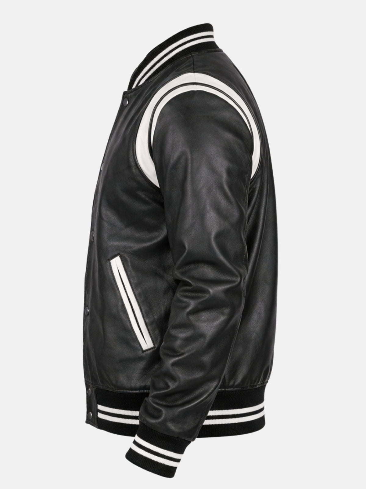 White-piped welt pocket on black leather varsity jacket, side profile